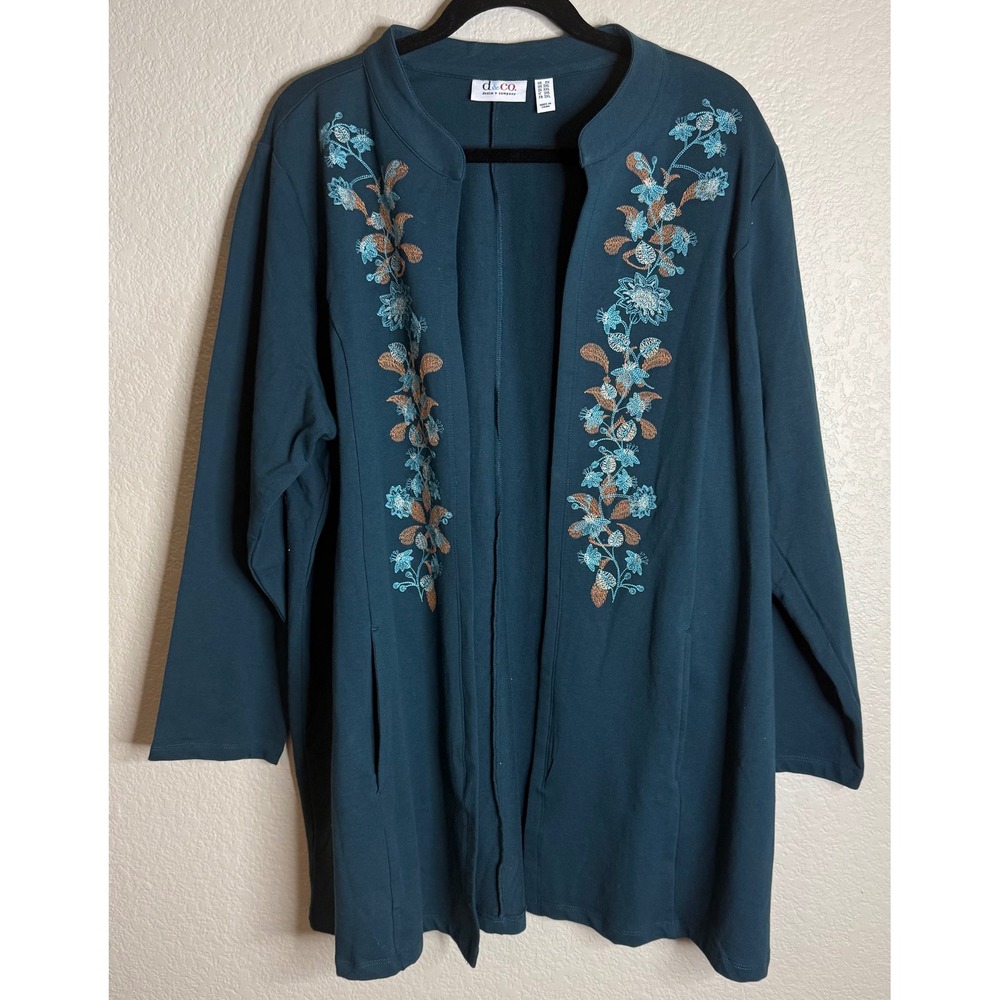 Denim & Co Womens 2X Teal Cardigan Floral Embroidered Open Front Knit Jacket